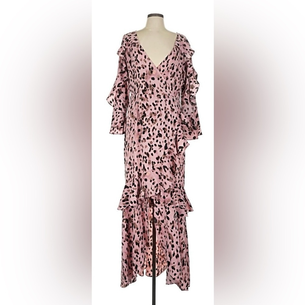 Nasty Gal Pink Black Leopard Animal Print Maxi Dress Ruffled Vneck US 12 Twelve